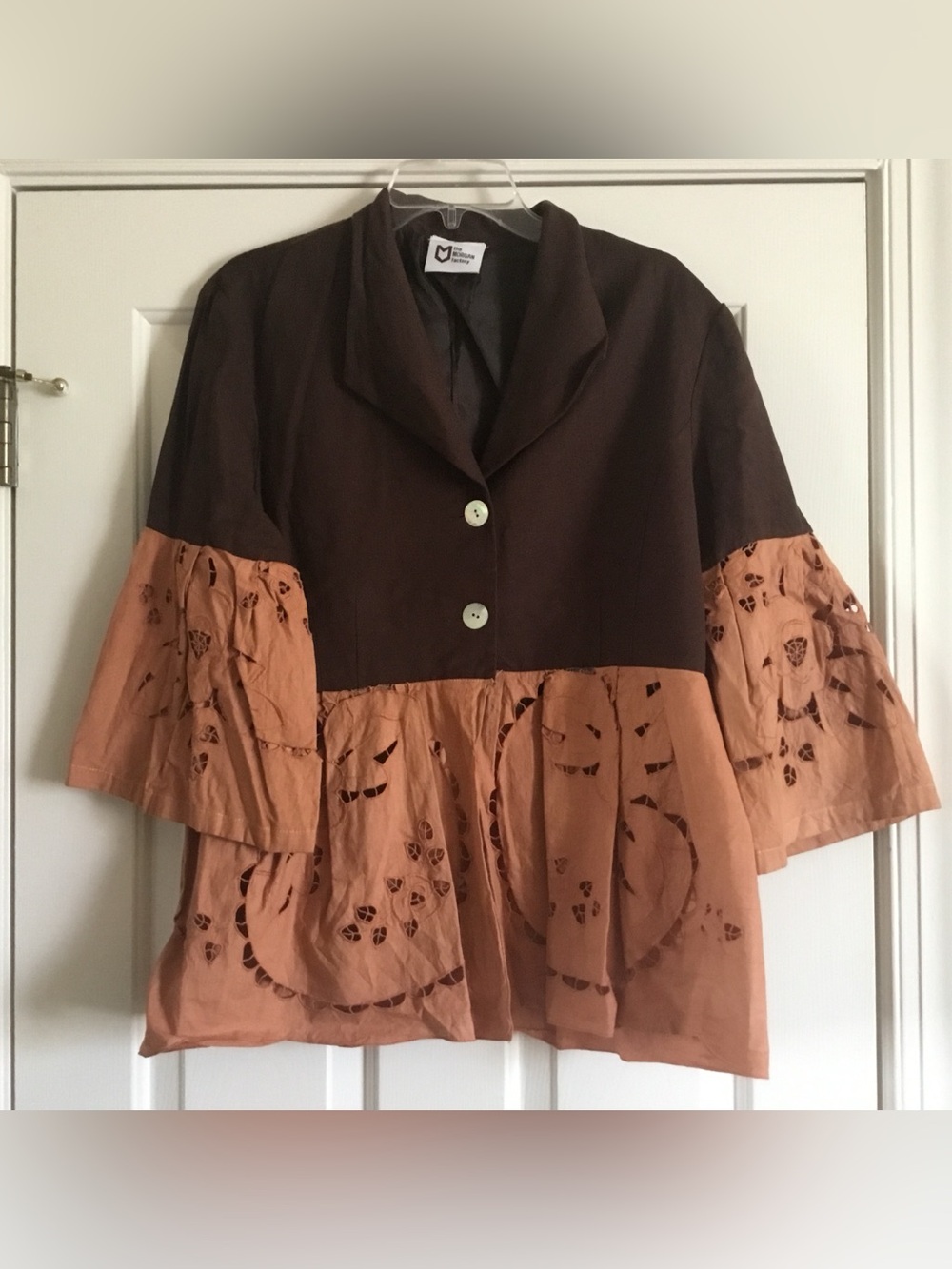 Upcycled MORGAN FACTORY brown linen Orange eyelet blazer M/L